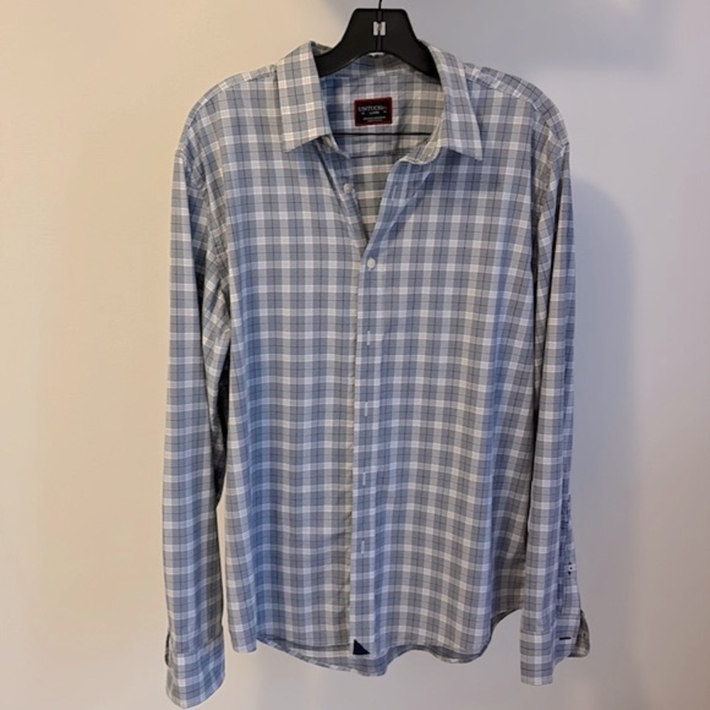 Untuckit Burkin Regular Fit Navy Plaid Button Down Shirt